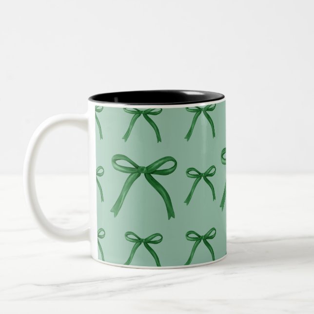 Cute elegant green bow pattern Two-Tone coffee mug (Left)