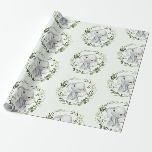 Cute & Elegant Greenery Gold Leaves Baby Elephant Wrapping Paper (Unrolled)