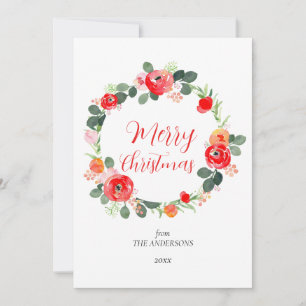 Cute Elegant Merry Christmas Floral Wreath Holiday Card