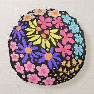 Cute Elegant Modern Retro Flowers Black Round Cushion