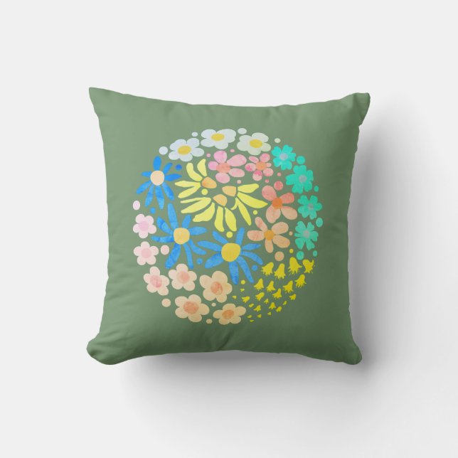 Cute Elegant Modern Retro Flowers Sage Cushion (Front)