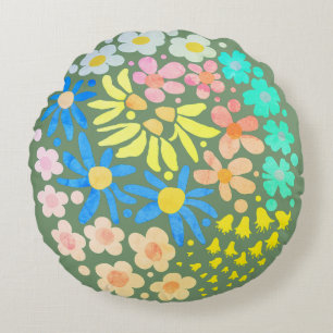Cute Elegant Modern Retro Flowers Sage Round Cushion