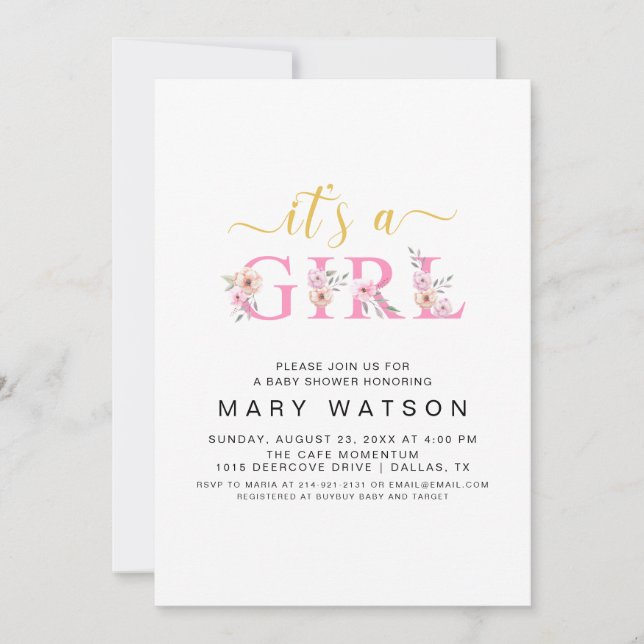 Cute Elegant Modern Simple Its a Girl Baby Shower Invitation (Front)