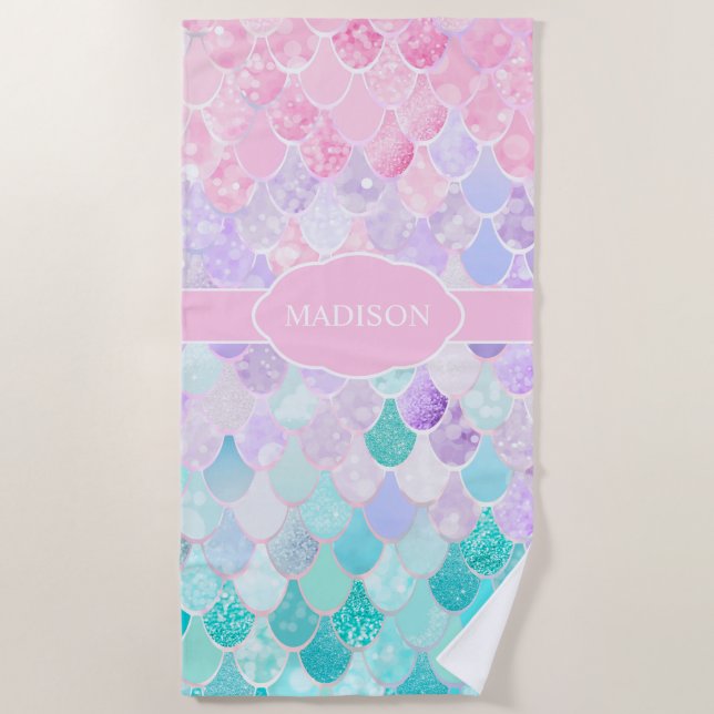 Cute Elegant Nautical Mermaid Monogram Beach Towel (Front)