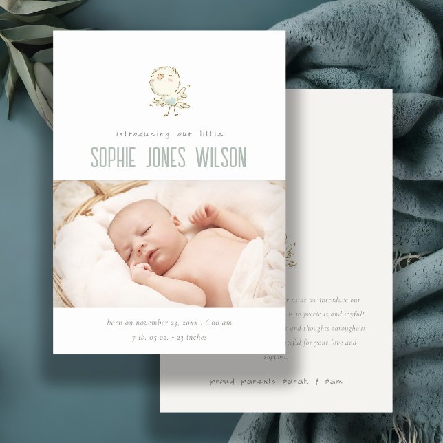 Cute Elegant Pastel Bird Photo Birth Announcement (Creator Uploaded)