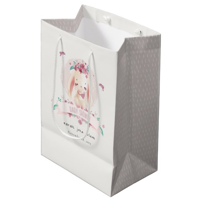 Cute Elegant Pink Floral Bunny & Birds Baby Shower Medium Gift Bag (Front Angled)