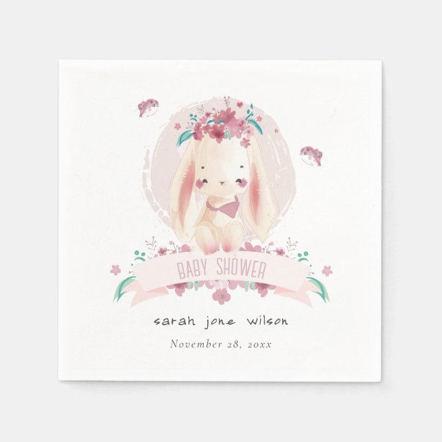 Cute Elegant Pink Floral Bunny & Birds Baby Shower Napkin (Front)