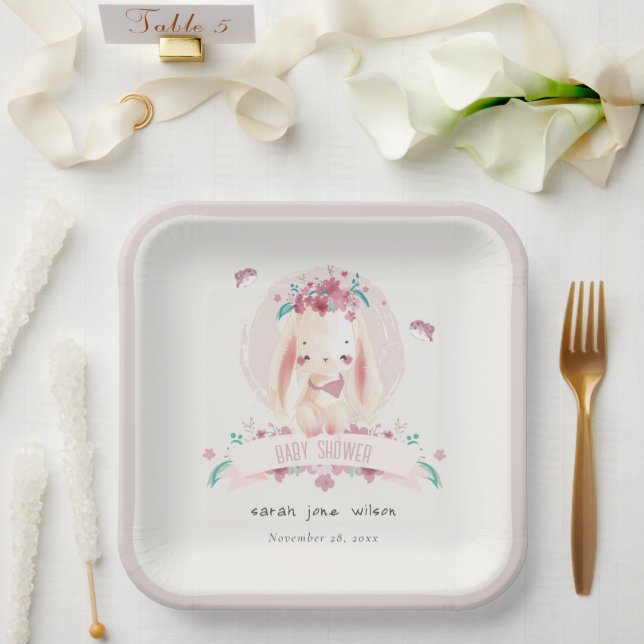 Cute Elegant Pink Floral Bunny & Birds Baby Shower Paper Plate (Wedding)