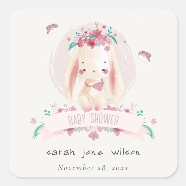 Cute Elegant Pink Floral Bunny & Birds Baby Shower Square Sticker (Front)