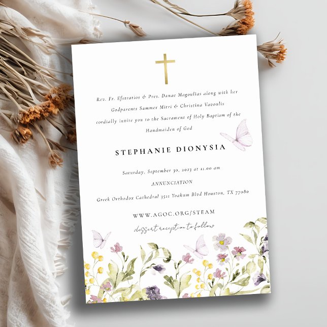 Cute Elegant Pink Meadow Floral Butterfly Baptism Invitation (Creator Uploaded)