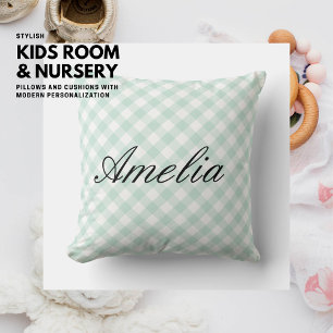 Cute Elegant Sage Green Gingham Script Name Pillow