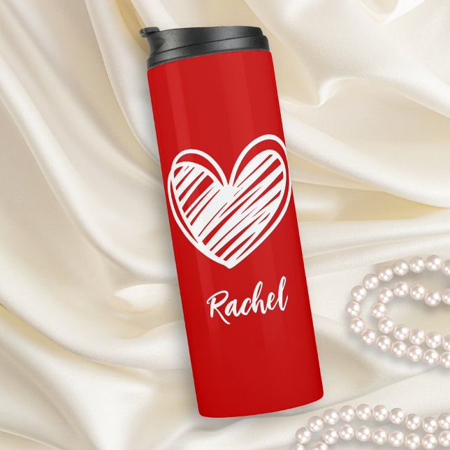 Cute Elegant Script Name Modern Hearts Love Red Thermal Tumbler (Creator Uploaded)