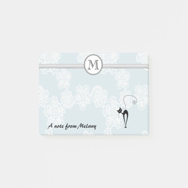 Cute elegant stylish lace black cat monogram post-it notes (Front)