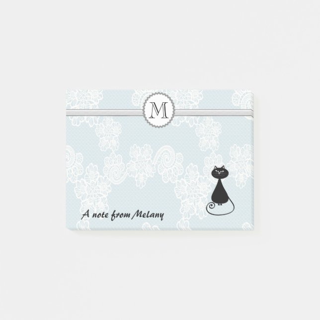 Cute elegant stylish lace black cat monogram post-it notes (Front)