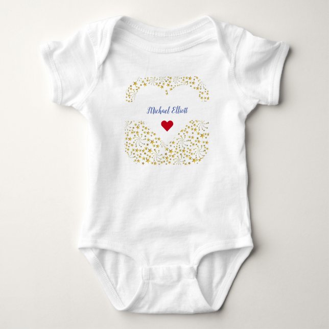Cute Elegant Trendy Gold Stars Name Hearts Baby Bodysuit (Front)
