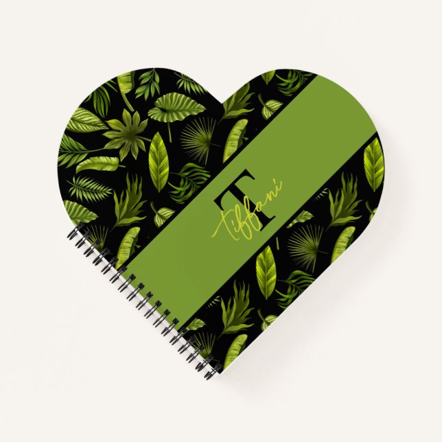 Cute Elegant Tropical Leaves Monogram Notebook (Front)