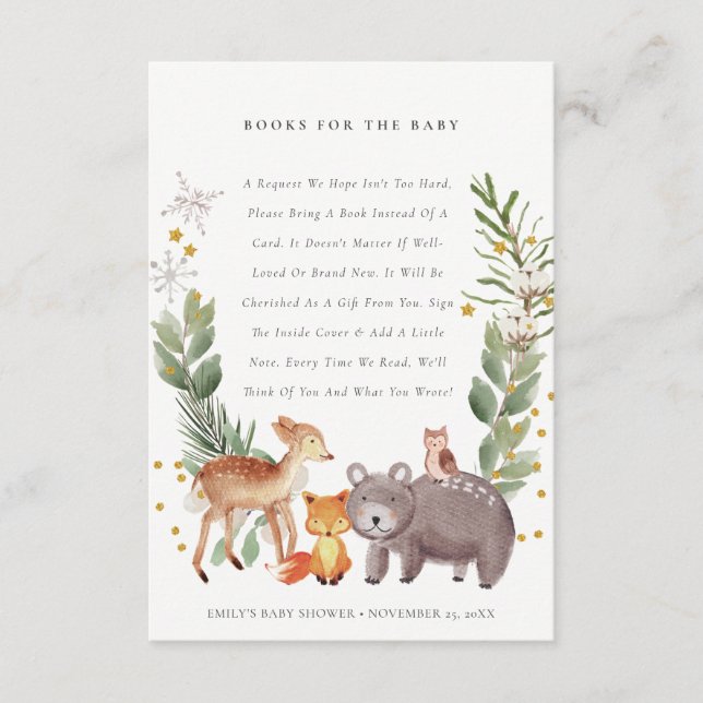 Cute Elegant Woodland Animal Books for Baby Shower Enclosure Card (Front)