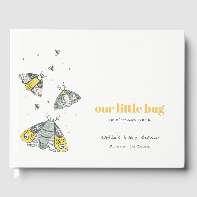 Cute Elegant Yellow Grey Little Bug Baby Shower Guest Book (Front)