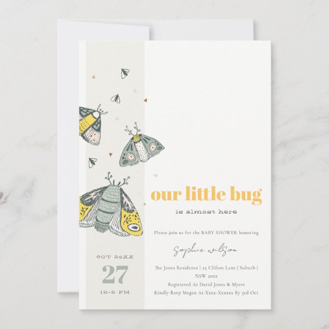 Cute Elegant Yellow Grey Little Bug Baby Shower Invitation (Front)