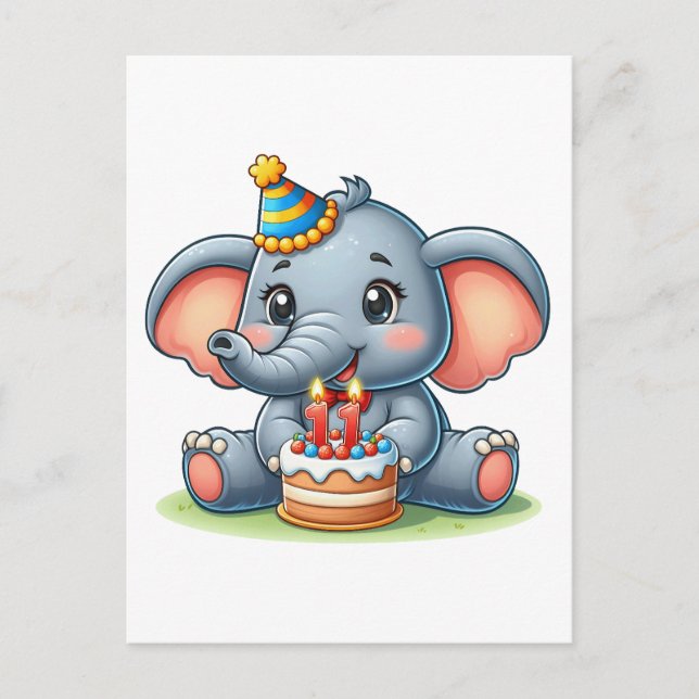 Cute Elephant 11th Birthday Postcard (Front)