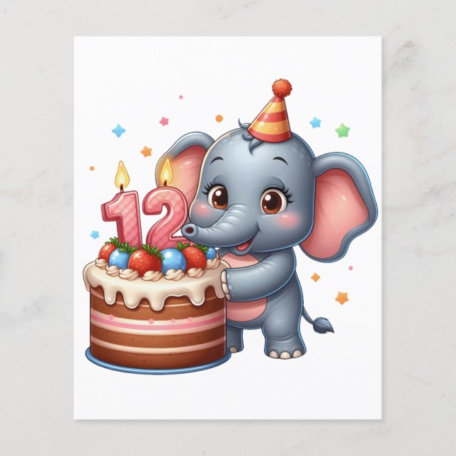 Cute Elephant 12th Birthday Flyer (Front)
