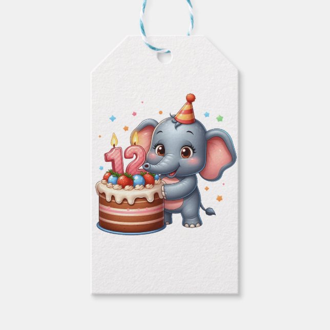 Cute Elephant 12th Birthday Gift Tags (Front)