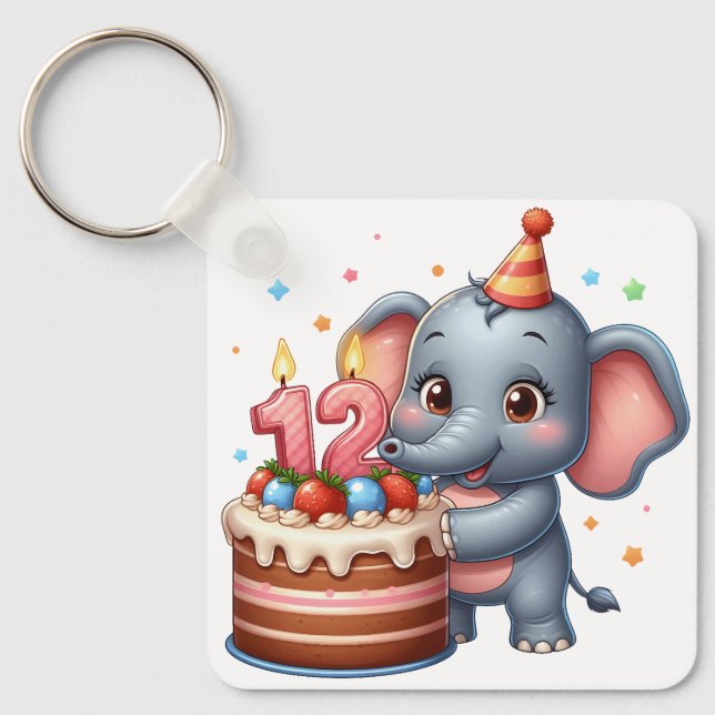 Cute Elephant 12th Birthday Key Ring (Front)