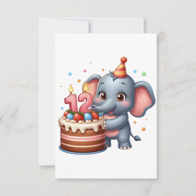 Cute Elephant 12th Birthday RSVP Card (Front)