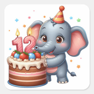 Cute Elephant 12th Birthday Square Sticker