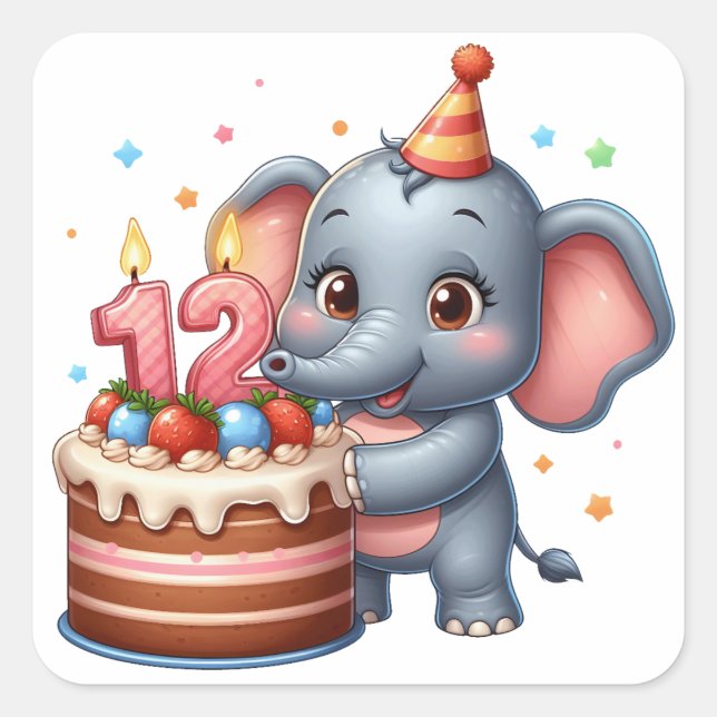 Cute Elephant 12th Birthday Square Sticker (Front)
