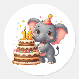 Cute Elephant 16th Birthday Classic Round Sticker