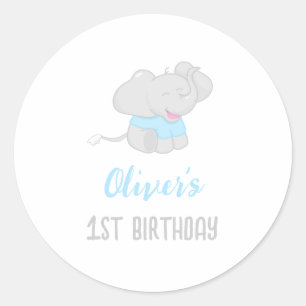 Cute Elephant 1st Birthday Boy Classic Round Sticker