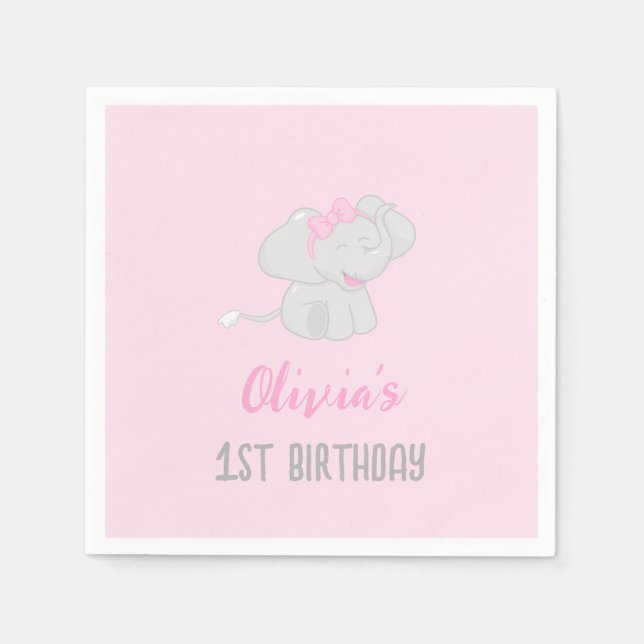 Cute Elephant 1st Birthday Girl Napkin (Front)