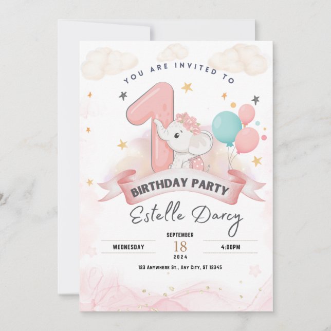Cute elephant 1st birthday party invitation (Front)