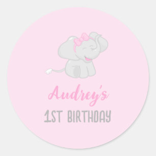 Cute Elephant 1st Birthday Pink Classic Round Sticker