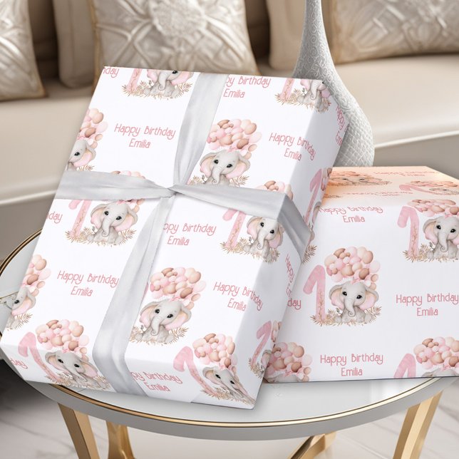 Cute Elephant 1st Birthday Pink Personalised Name Wrapping Paper (Cute Elephant 1st Birthday Girl Pink Personalized Wrapping Paper)