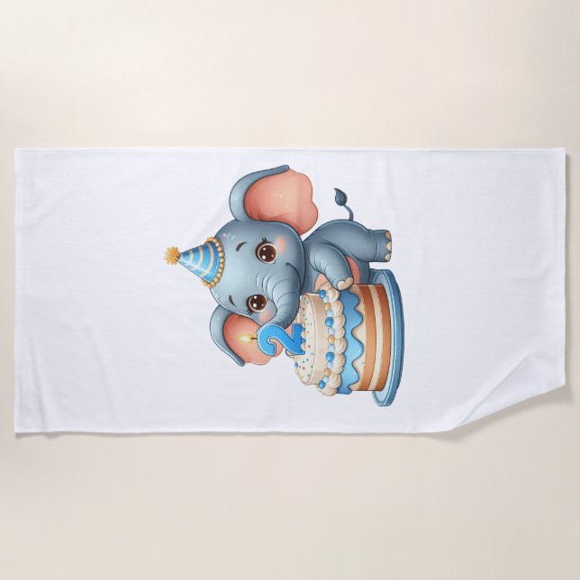 Cute Elephant 2nd Birthday Beach Towel (Front)