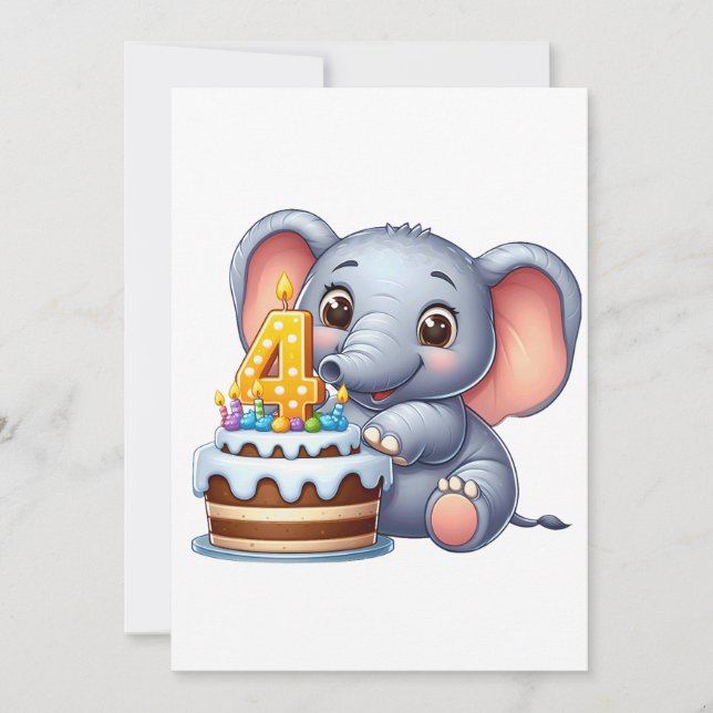 Cute Elephant 4th Birthday Announcement (Front)