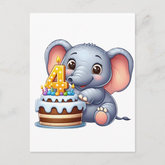 Cute Elephant 4th Birthday Announcement Postcard (Front)