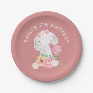 Cute Elephant 4th Birthday Party Girl Dusty Pink Paper Plate