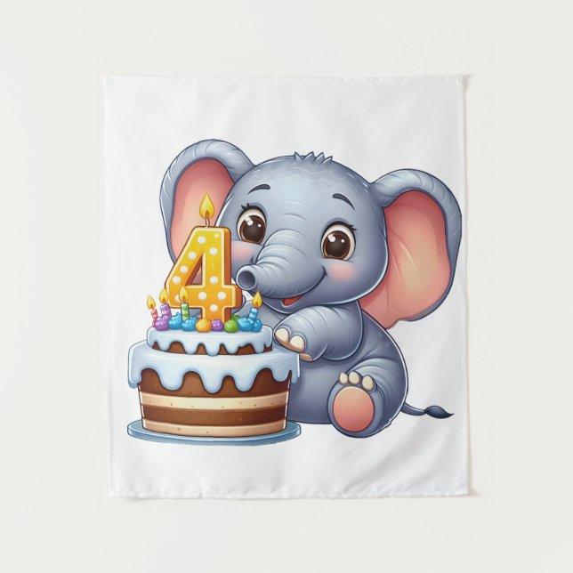 Cute Elephant 4th Birthday Tapestry (Front)