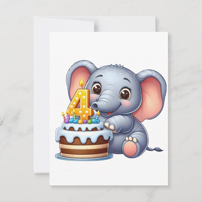 Cute Elephant 4th Birthday Thank You Card (Front)