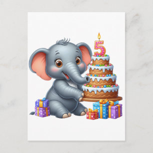 Cute Elephant 5th Birthday Announcement Postcard