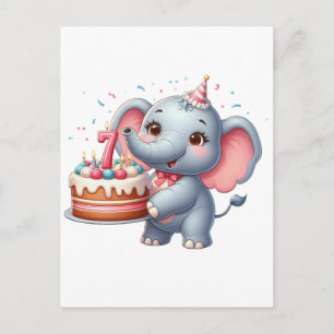 Cute Elephant 7th Birthday Announcement Postcard