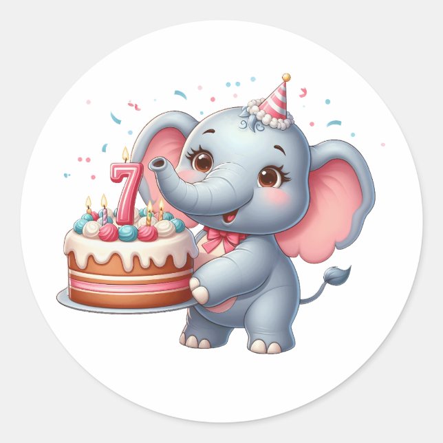 Cute Elephant 7th Birthday Classic Round Sticker (Front)