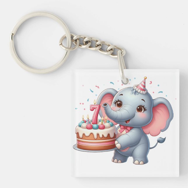 Cute Elephant 7th Birthday Key Ring (Front)