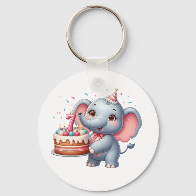Cute Elephant 7th Birthday Key Ring (Front)
