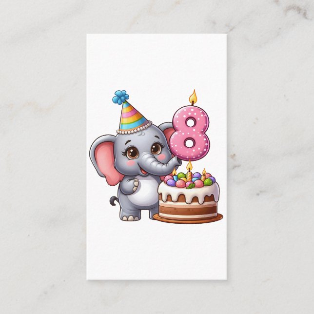 Cute Elephant 8th Birthday Business Card (Front)