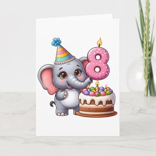 Cute Elephant 8th Birthday Card (Front)