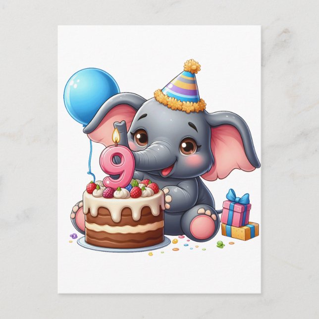 Cute Elephant 9th Birthday Announcement Postcard (Front)